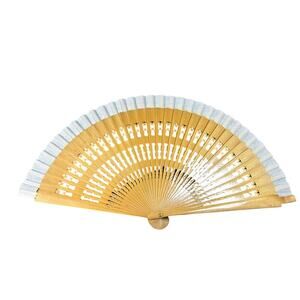 Wooden Light Tan- vintage hand fan white fabric detail- 16 inches extended